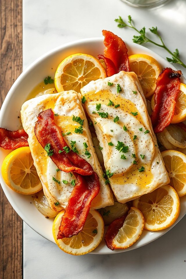 lemon bacon halibut dish